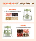 Comparison of small and large silos for storing spices and coffee beans on a beige background.