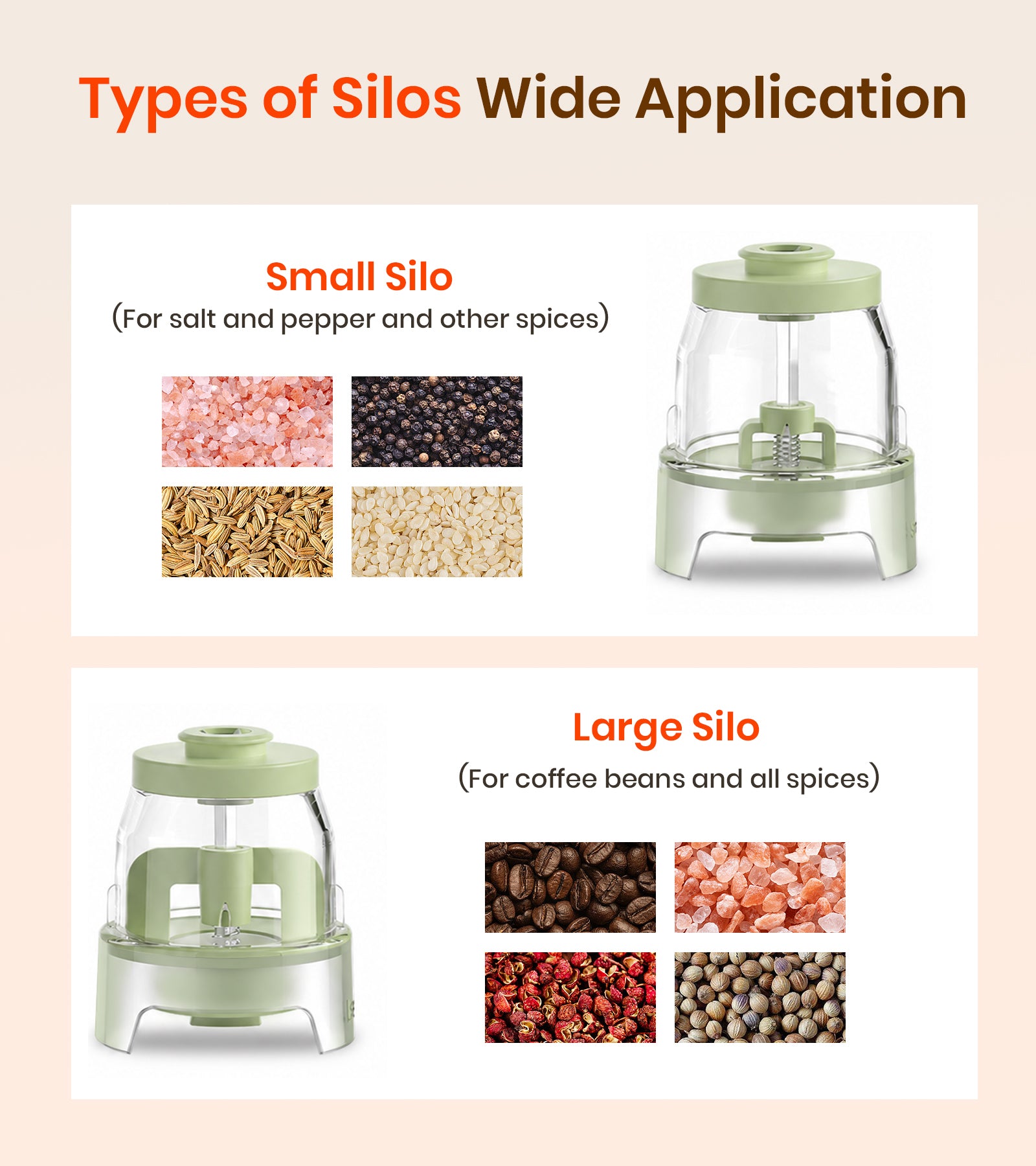 Comparison of small and large silos for storing spices and coffee beans on a beige background.