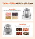 Comparison of small and large silos for storing different types of spices and coffee beans on a beige background.