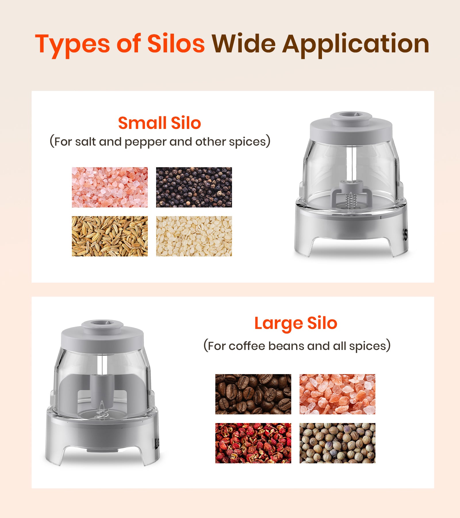 Comparison of small and large silos for storing different types of spices and coffee beans on a beige background.