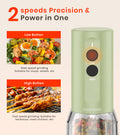Green food processor with two speed buttons and images of food preparation on a beige background