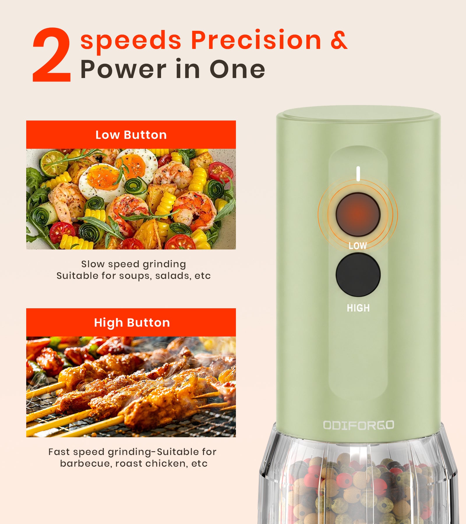 Green food processor with two speed buttons and images of food preparation on a beige background