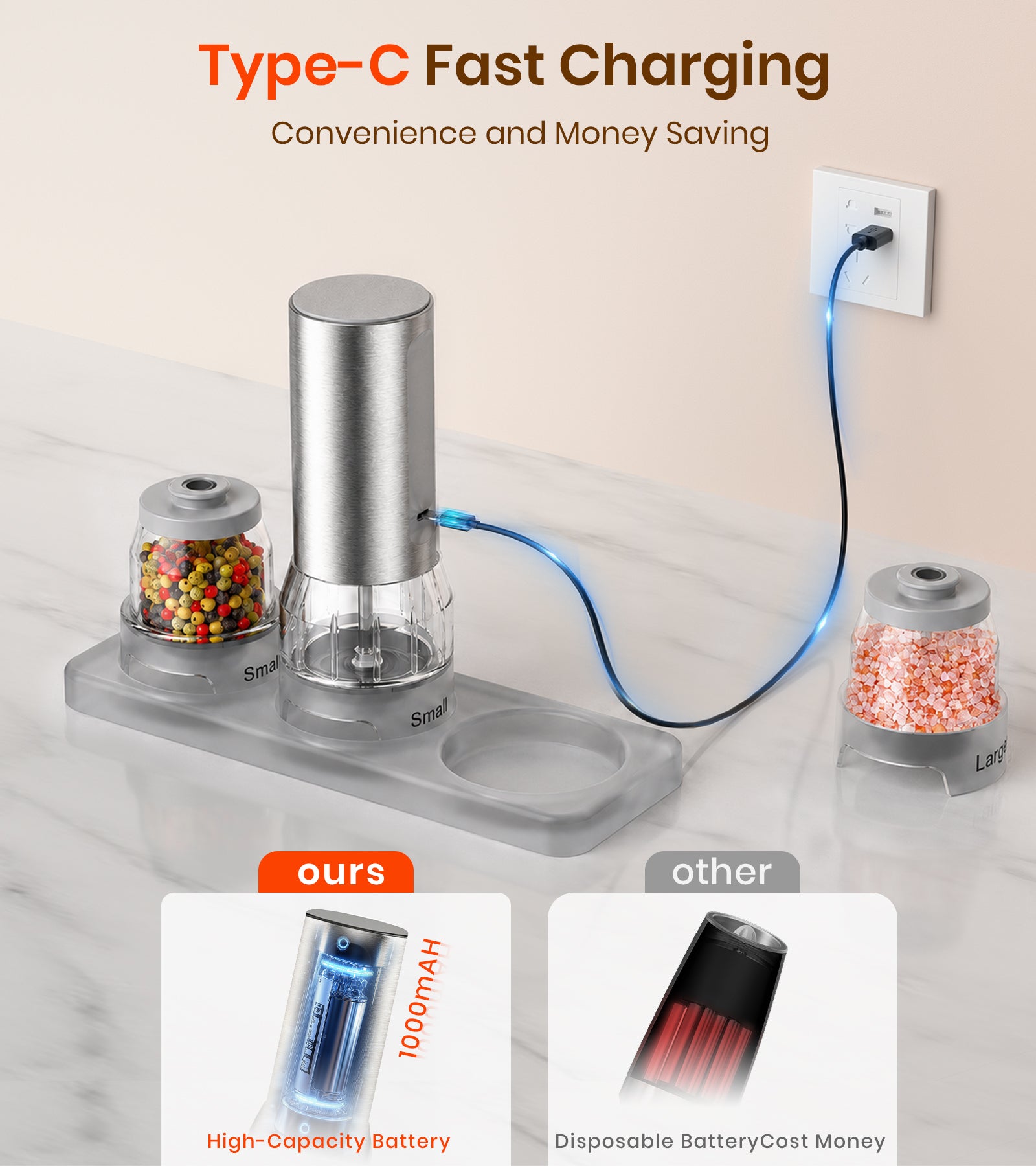 Charging station with Type-C fast charging feature, showing convenience and money saving benefits.