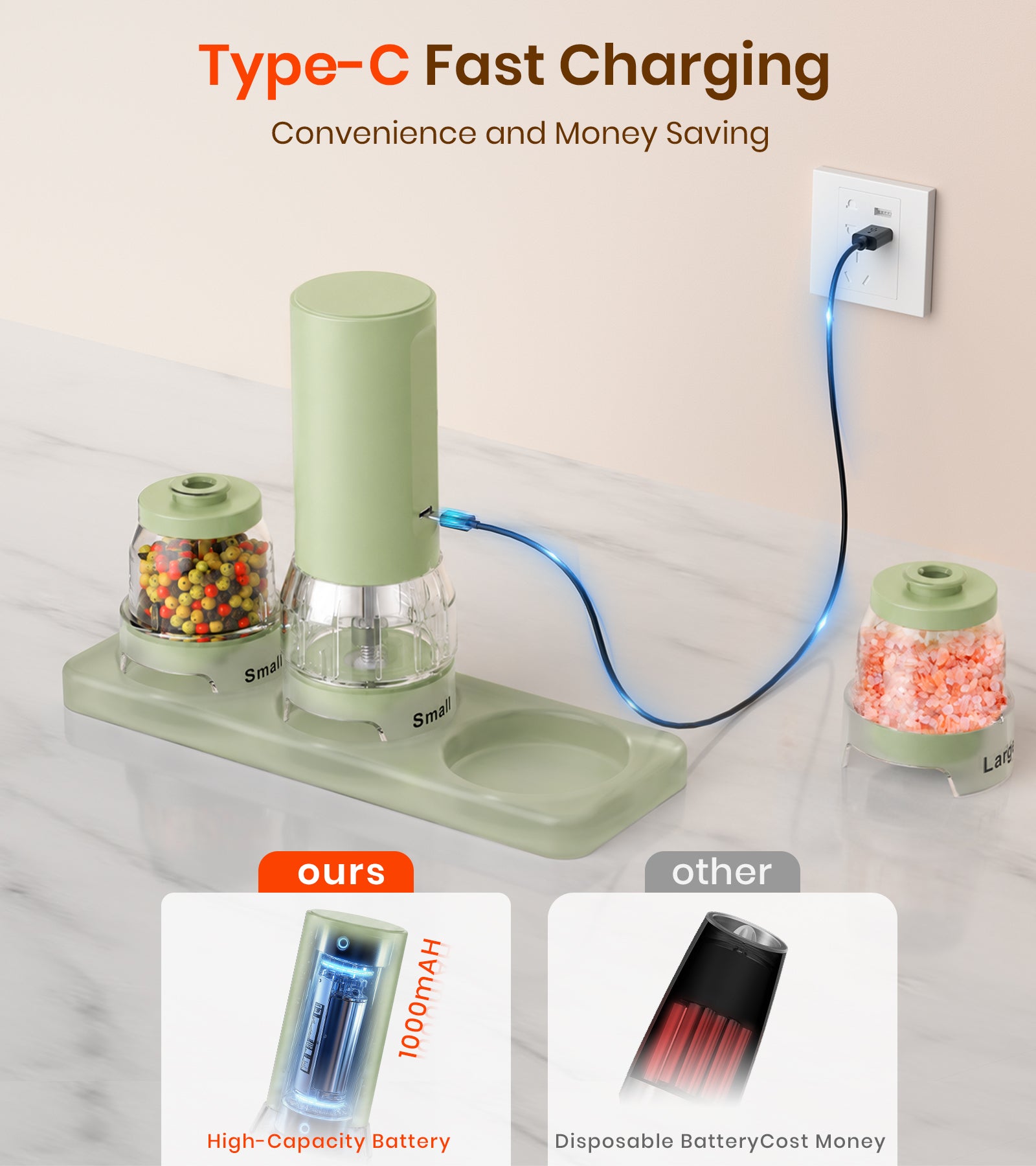 Green electronic device with 'Type-C Fast Charging' text on a marble surface.
