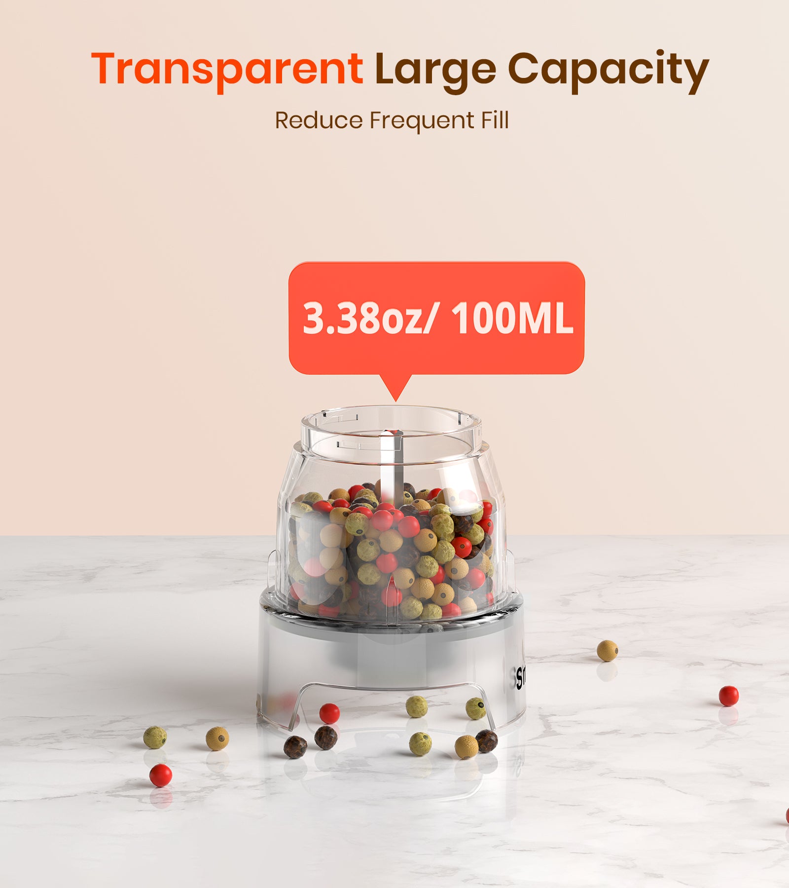 Transparent large capacity container with colorful beads on a light background