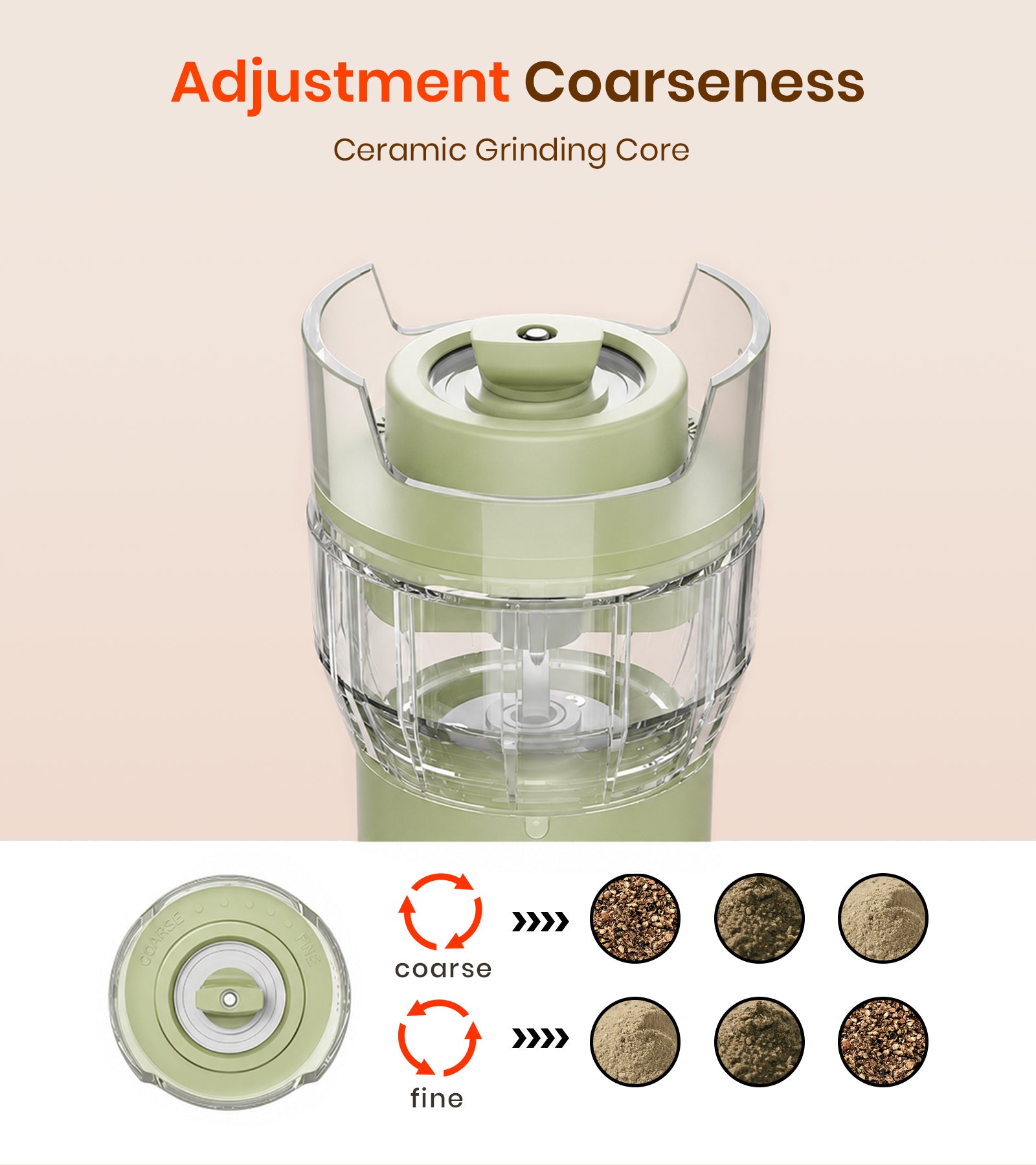 Green ceramic grinder with adjustment coarseness feature on a beige background