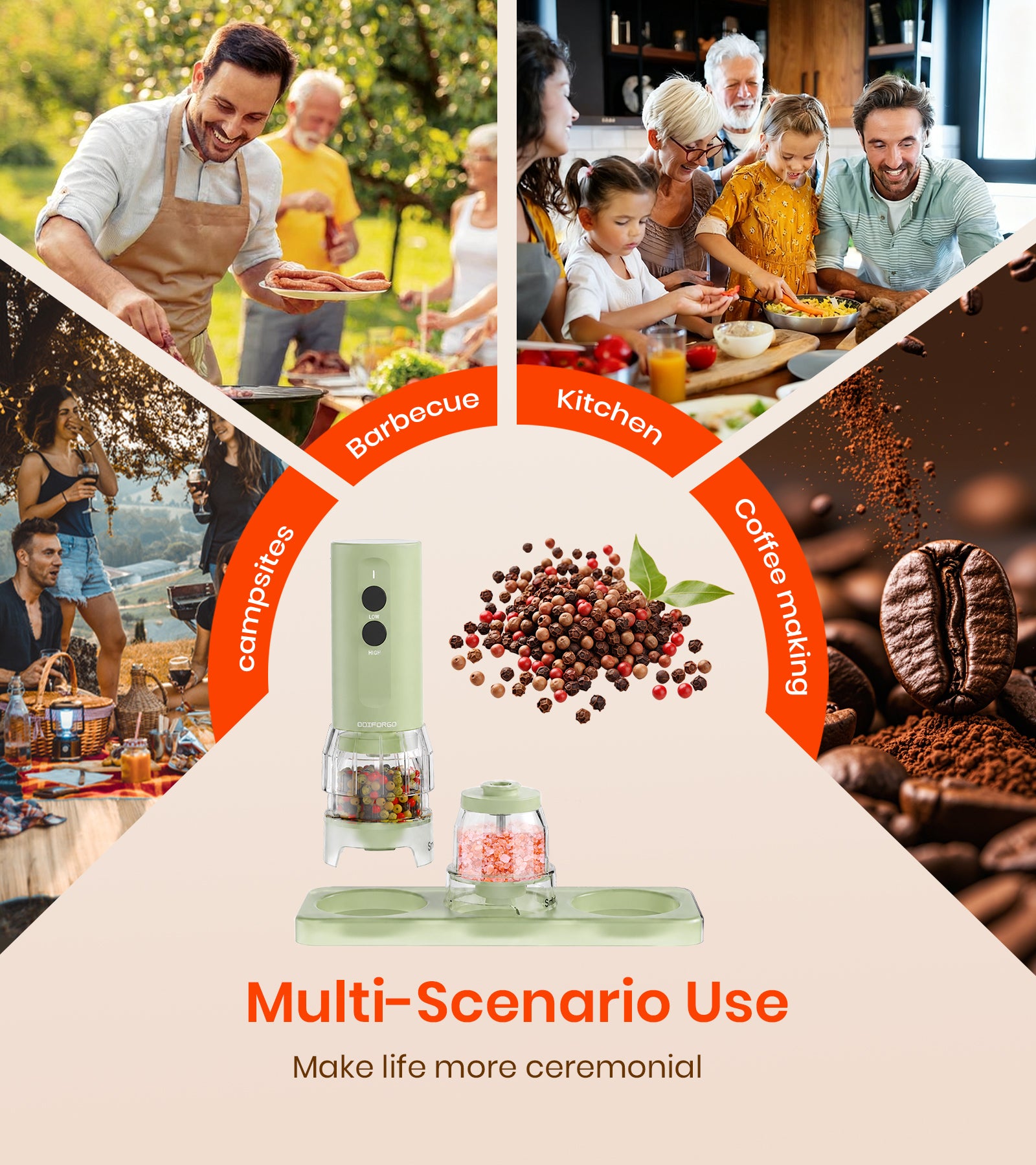 Collage of people enjoying food outdoors with a pepper grinder in the center, labeled for multi-scenario use.